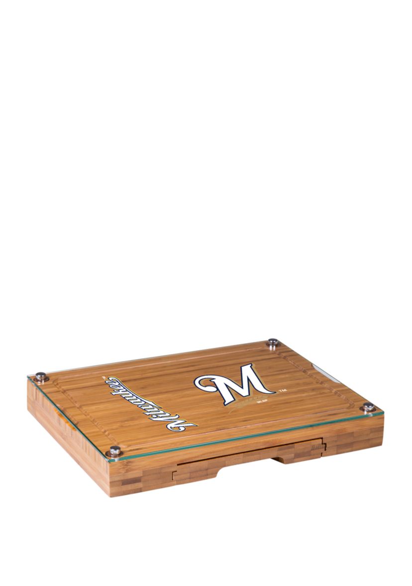 MLB Milwaukee Brewers Concerto Glass Top Cheese Cutting Board & Tools Set