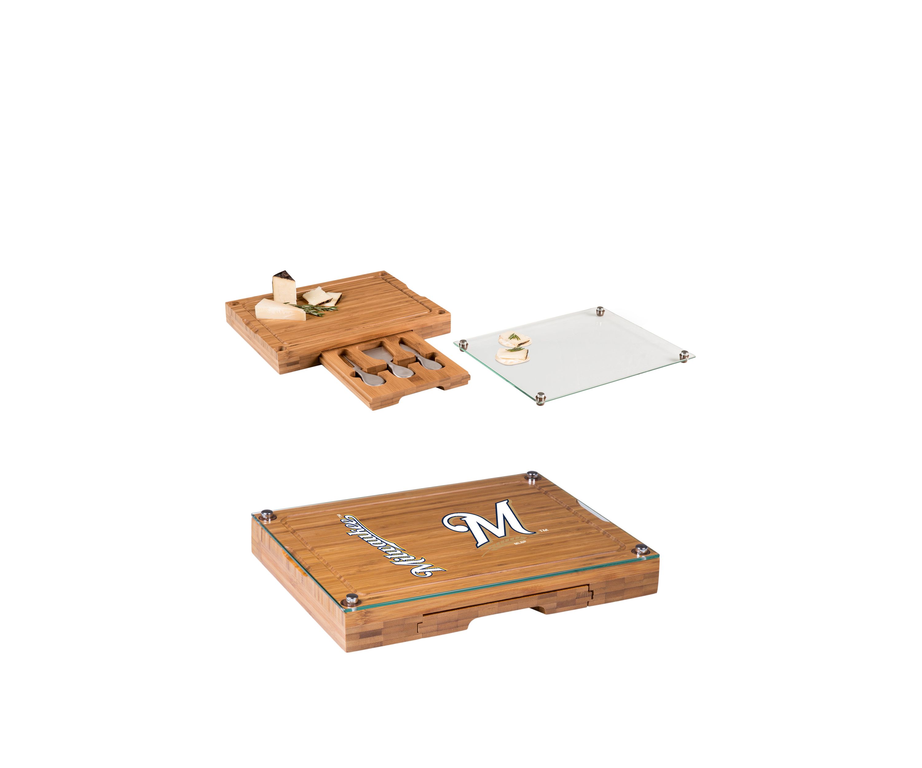 MLB Milwaukee Brewers Concerto Glass Top Cheese Cutting Board & Tools Set
