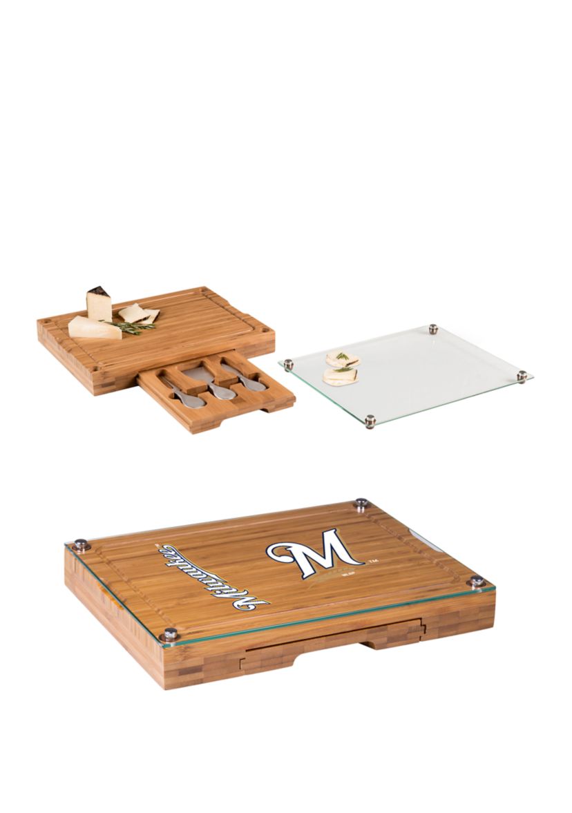 MLB Milwaukee Brewers Concerto Glass Top Cheese Cutting Board & Tools Set