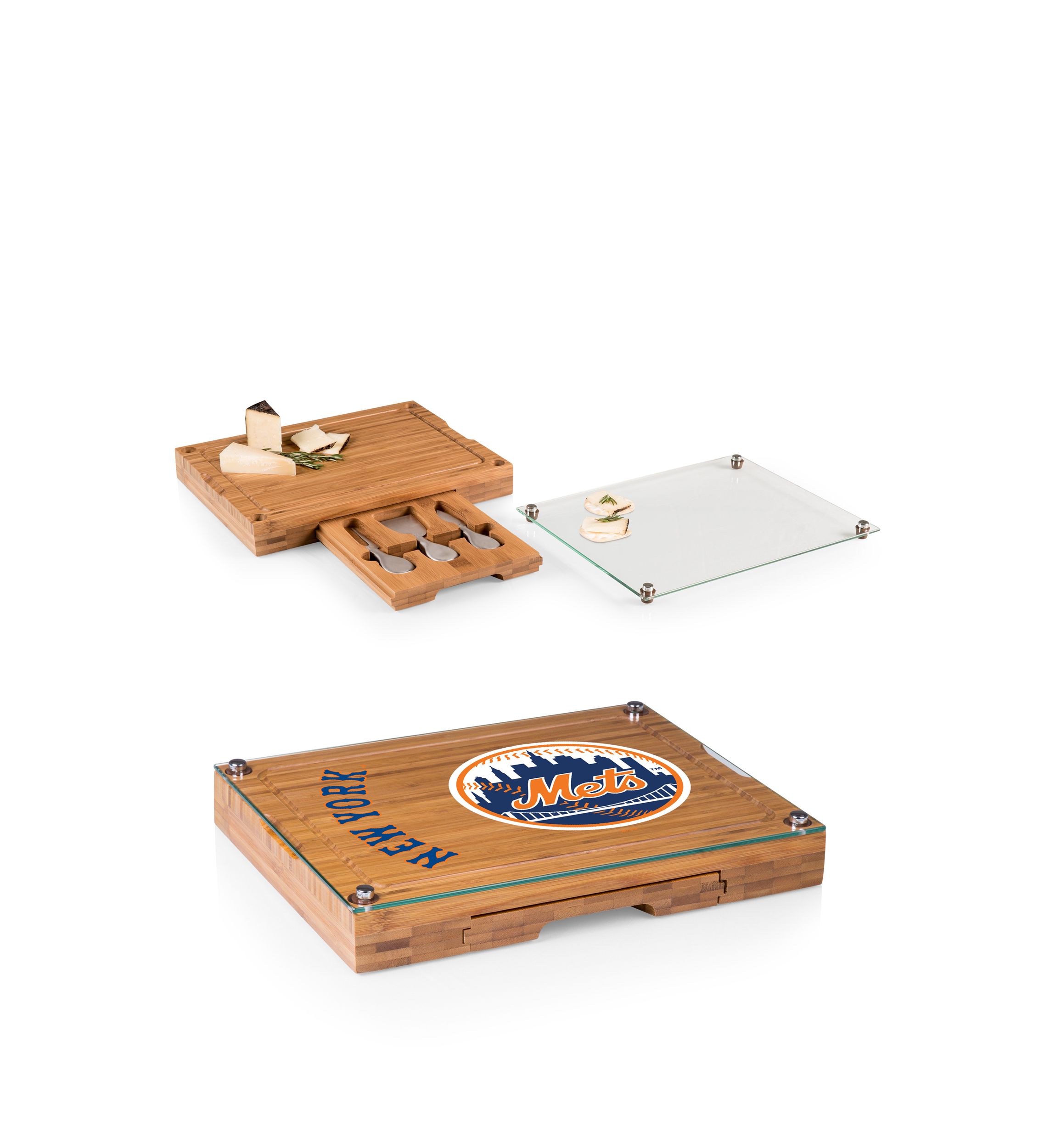 MLB New York Mets Concerto Glass Top Cheese Cutting Board & Tools Set