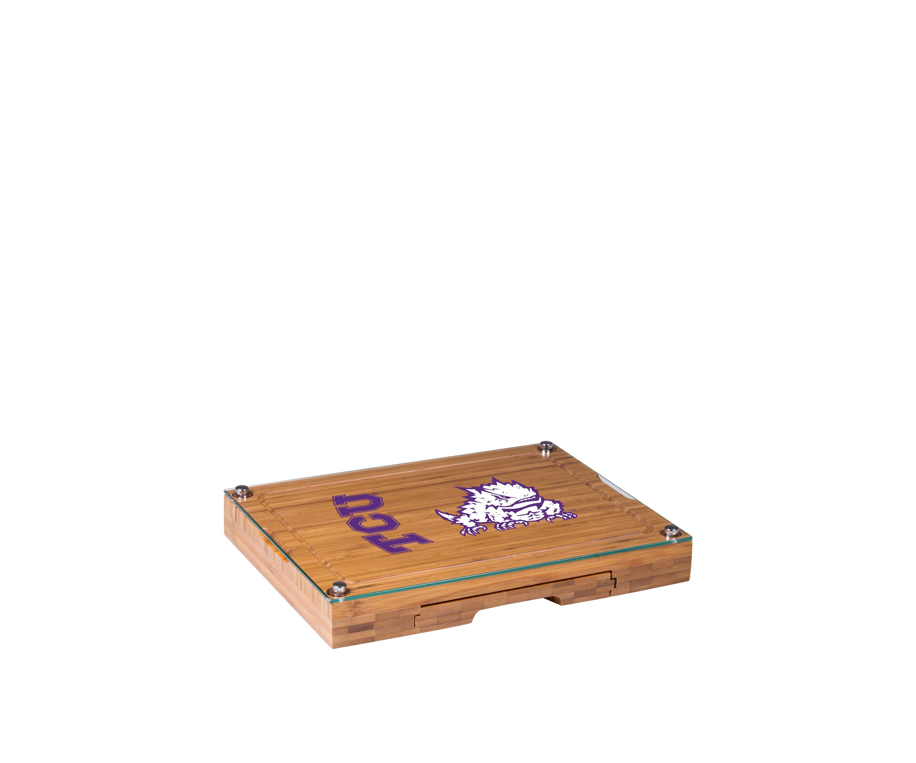 NCAA TCU Horned Frogs Concerto Glass Top Cheese Cutting Board & Tools Set