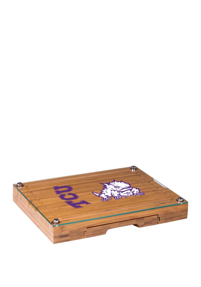 NCAA TCU Horned Frogs Concerto Glass Top Cheese Cutting Board & Tools Set