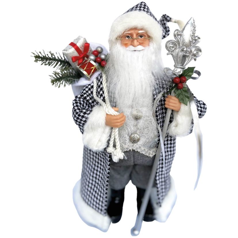 15 Inch Houndstooth and Silver Santa
