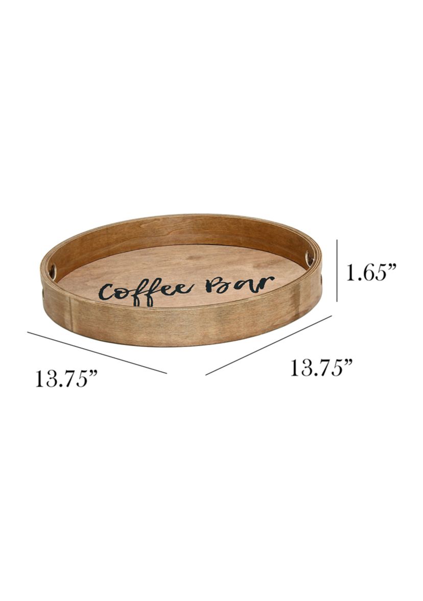 Decorative 13.75" Round Wood Serving Tray w/ Handles