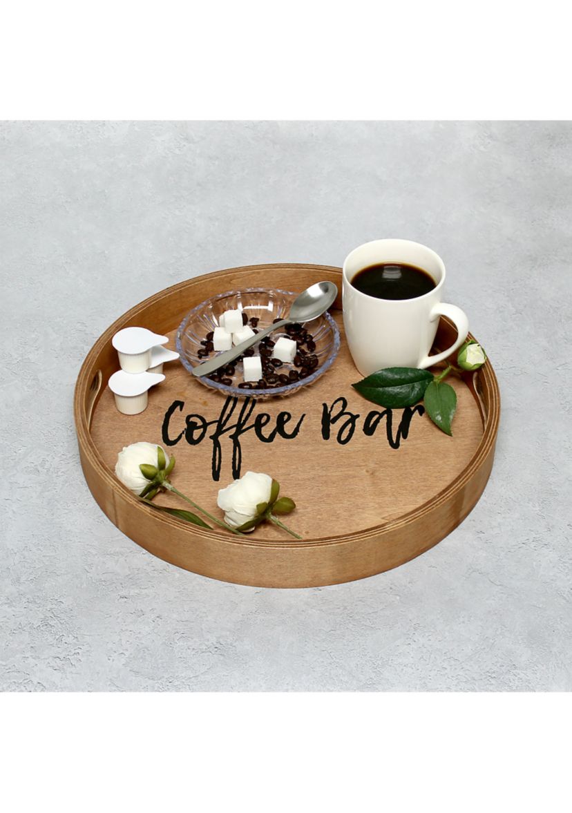 Decorative 13.75" Round Wood Serving Tray w/ Handles
