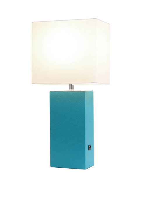 Modern Leather Table Lamp with USB and White Fabric Shade