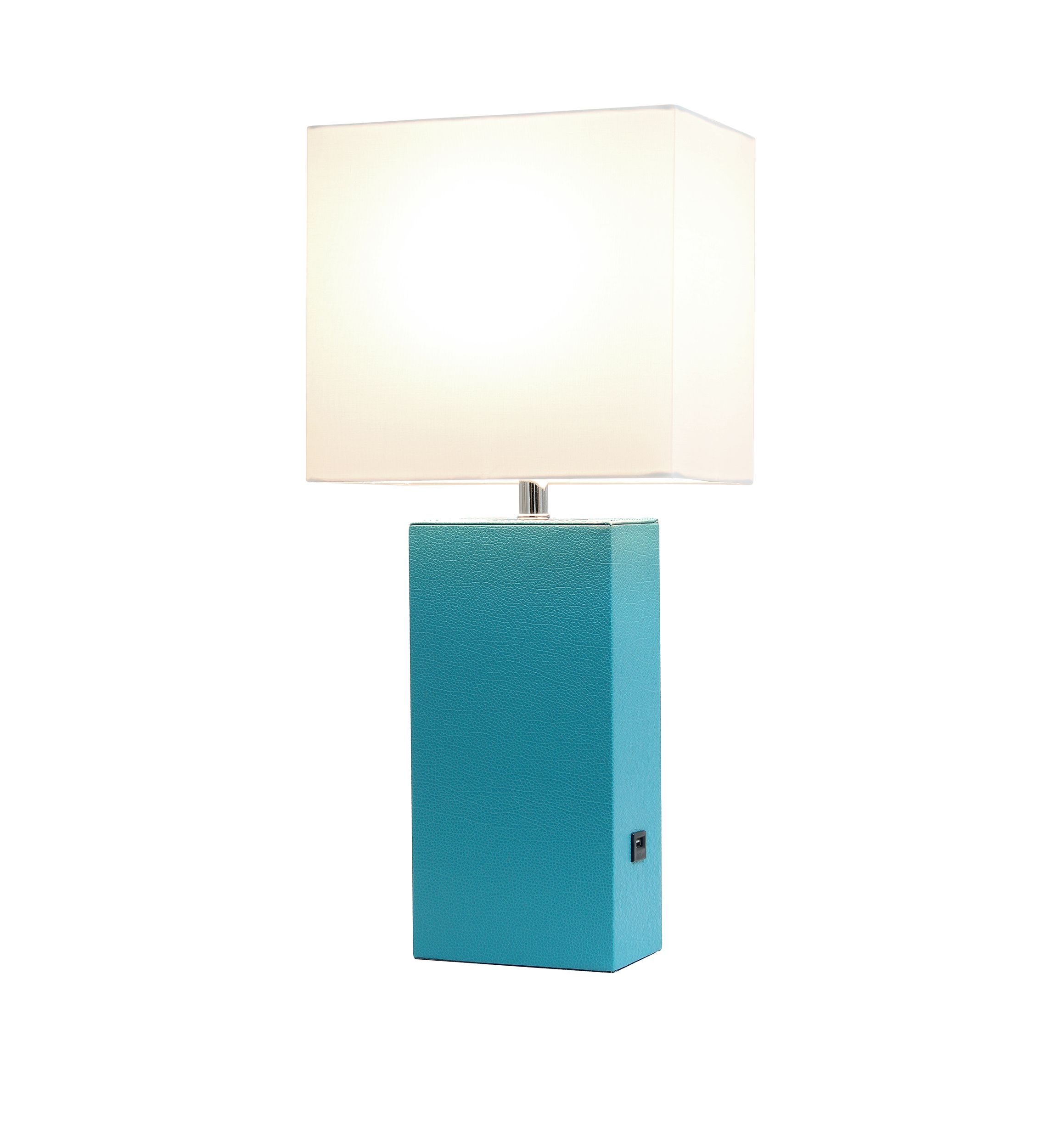 Modern Leather Table Lamp with USB and White Fabric Shade