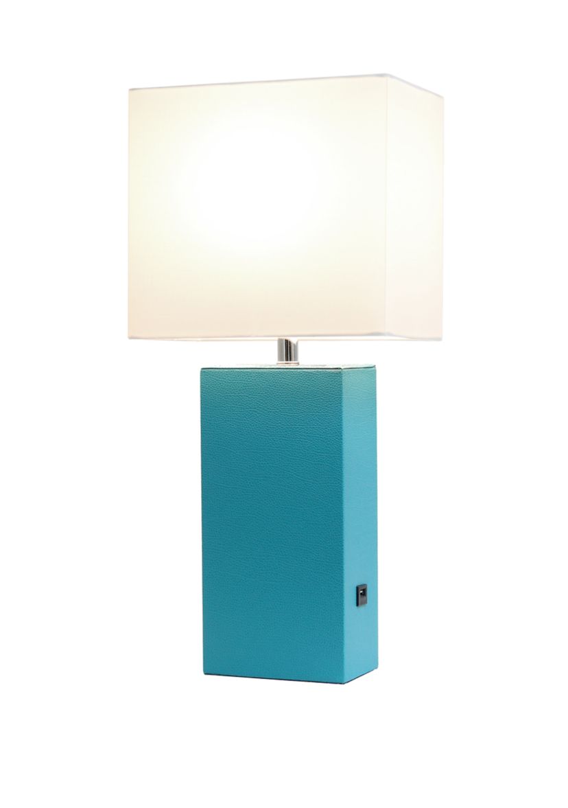 Modern Leather Table Lamp with USB and White Fabric Shade