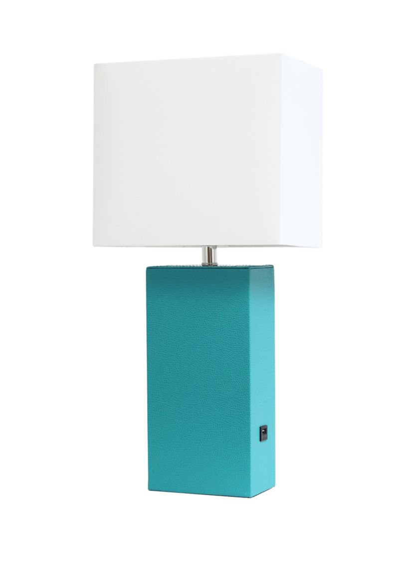 Modern Leather Table Lamp with USB and White Fabric Shade