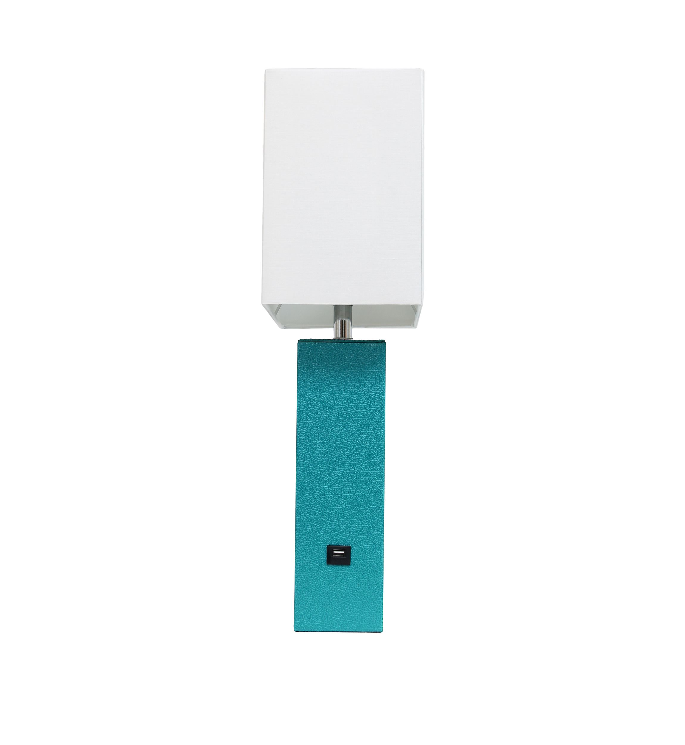 Modern Leather Table Lamp with USB and White Fabric Shade
