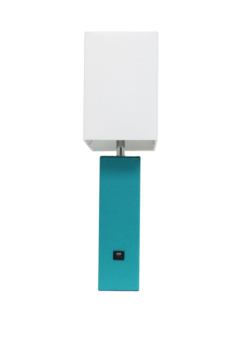 Modern Leather Table Lamp with USB and White Fabric Shade