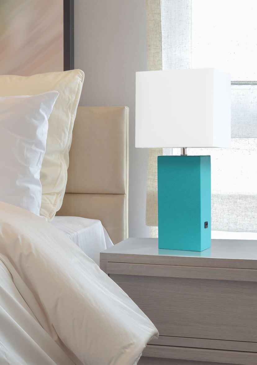 Modern Leather Table Lamp with USB and White Fabric Shade