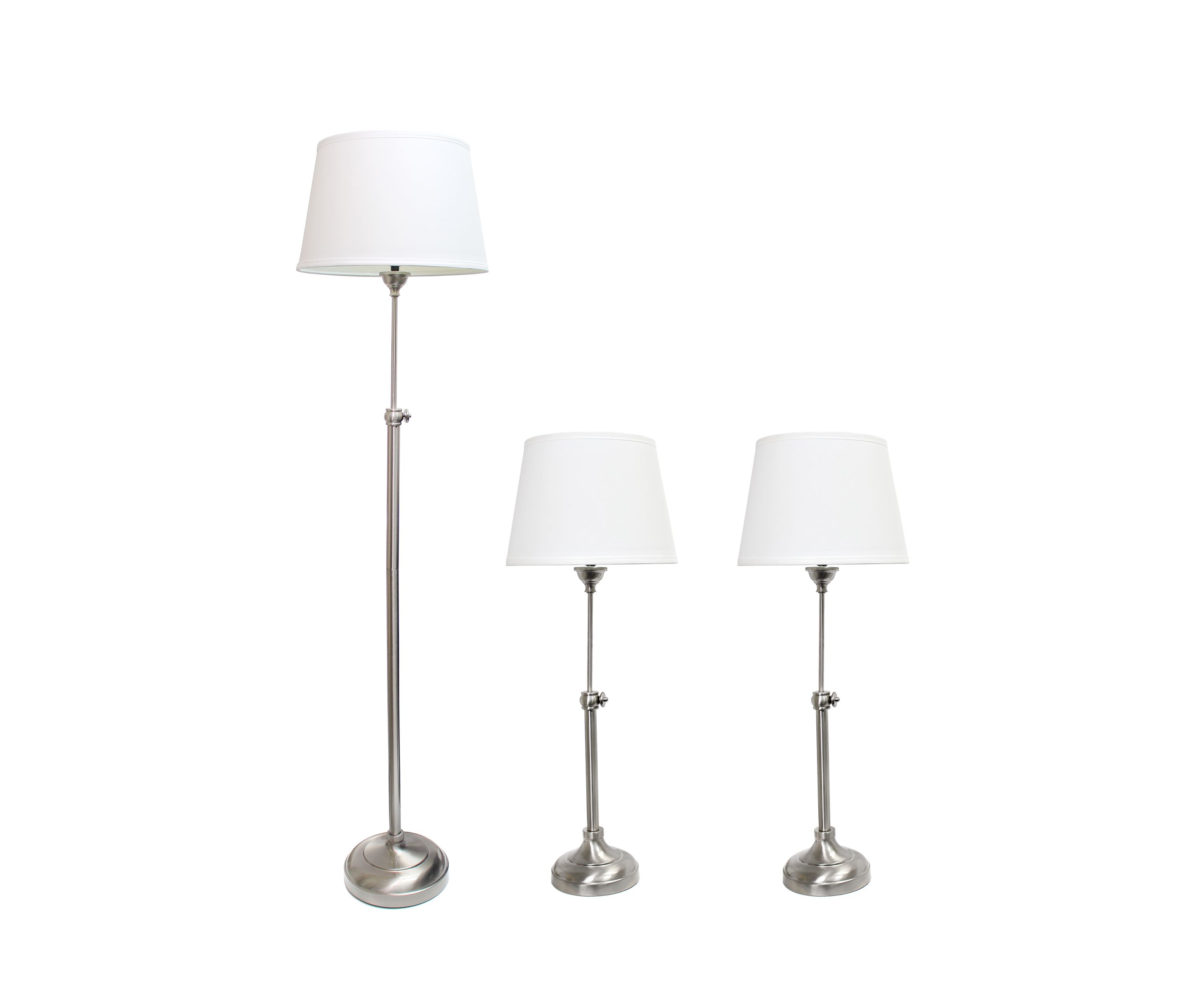 Brushed Nickel Adjustable 3 Pack Lamp Set (2 Table Lamps, 1 Floor Lamp)