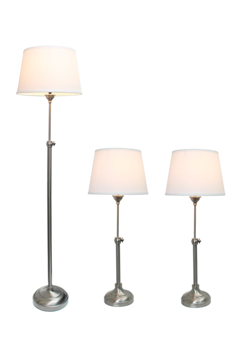 Brushed Nickel Adjustable 3 Pack Lamp Set (2 Table Lamps, 1 Floor Lamp)