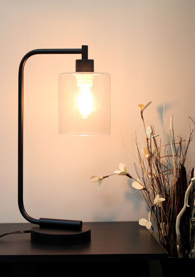 Bronson Antique Style Industrial Iron Lantern Desk Lamp with Glass Shade, Black