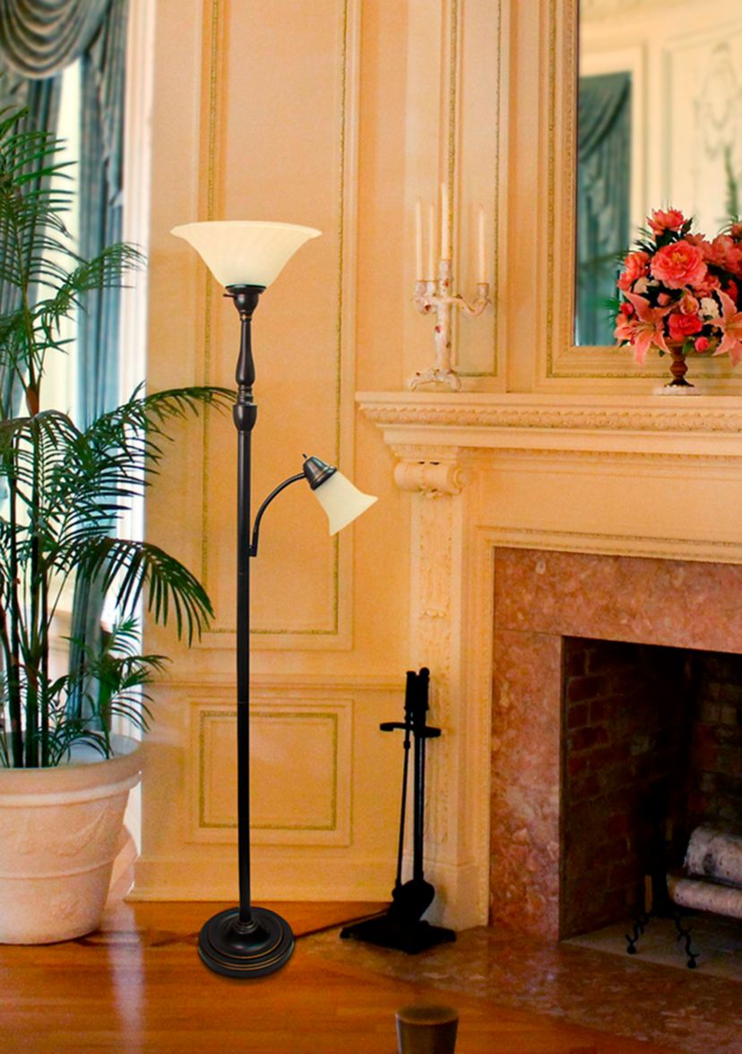 2 Light Mother Daughter Floor Lamp with White Marble Glass, Restoration Bronze