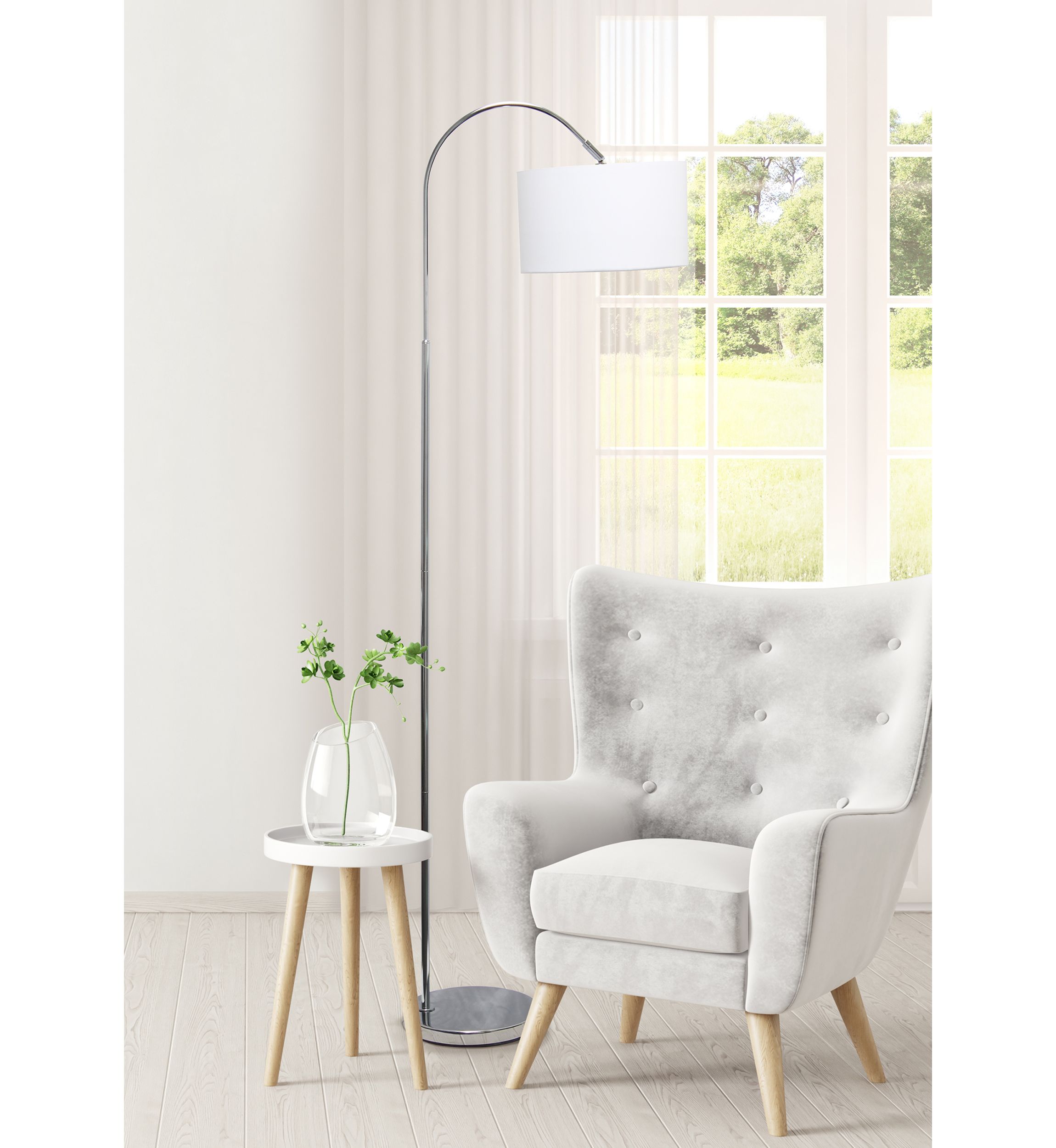 Arched Brushed Nickel Floor Lamp, White Shade