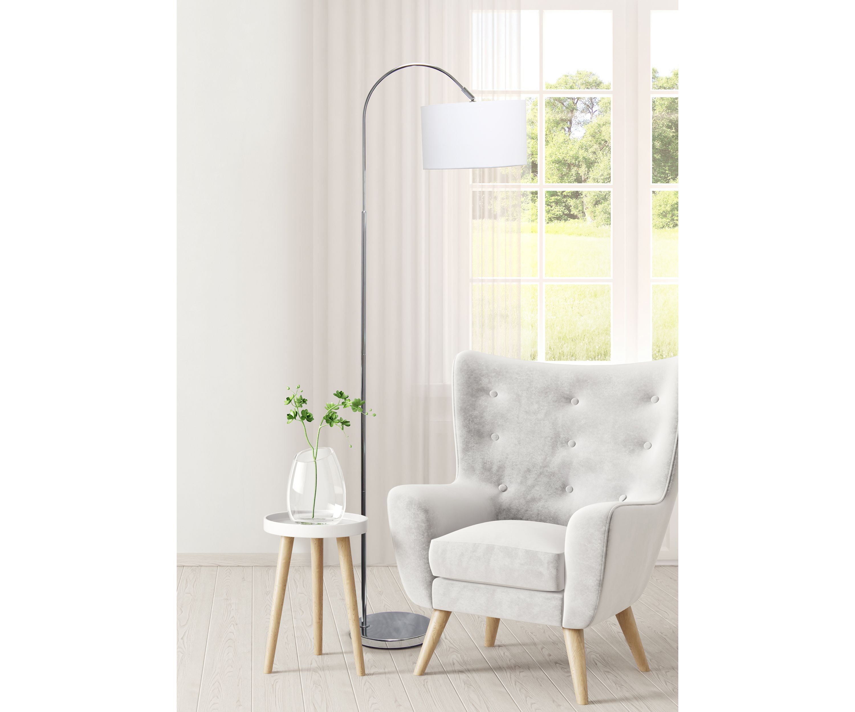 Arched Brushed Nickel Floor Lamp, White Shade