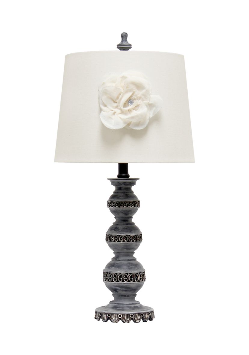 Aged Bronze Stacked Ball Lamp With Linen Flower Shade