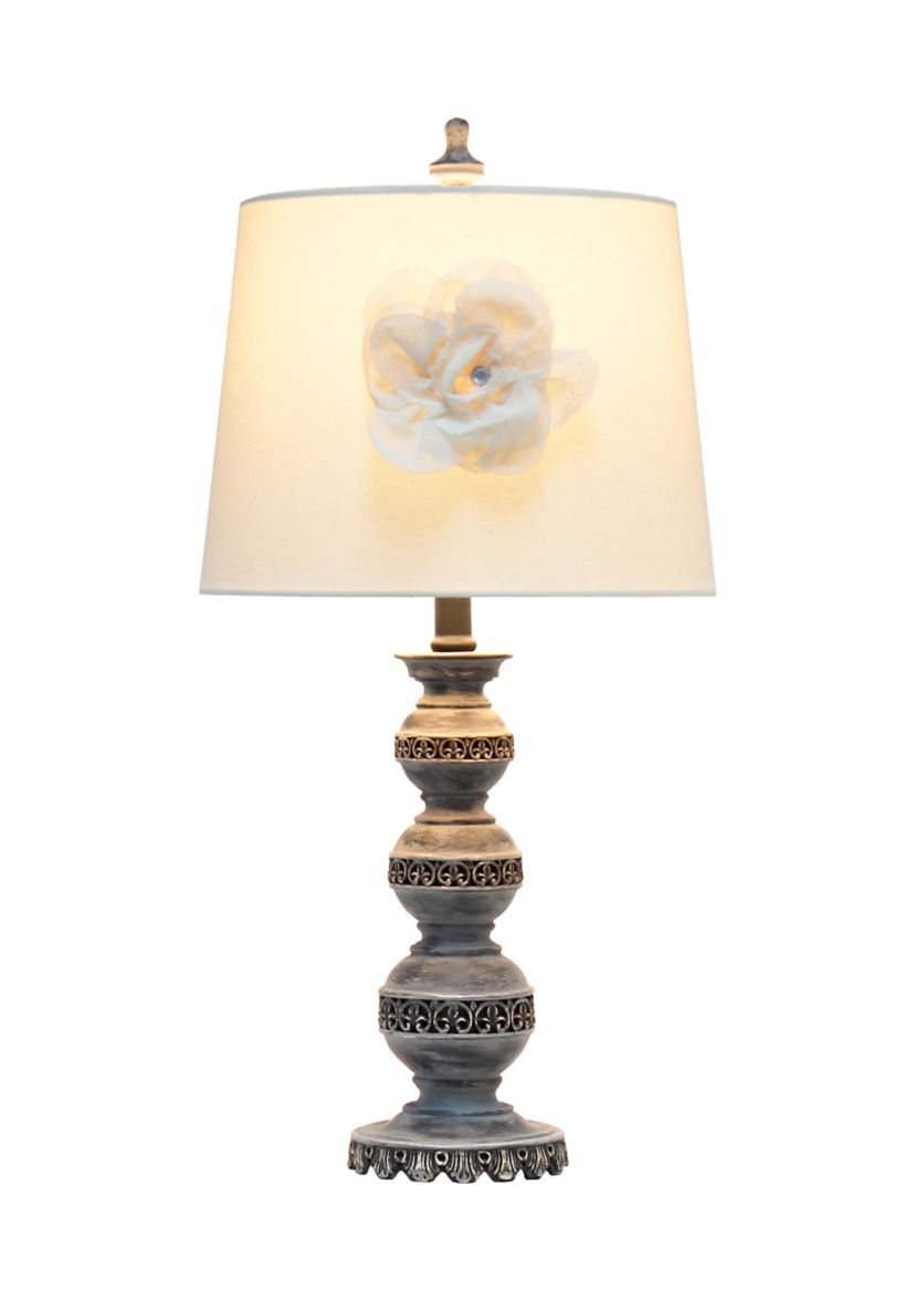 Aged Bronze Stacked Ball Lamp With Linen Flower Shade
