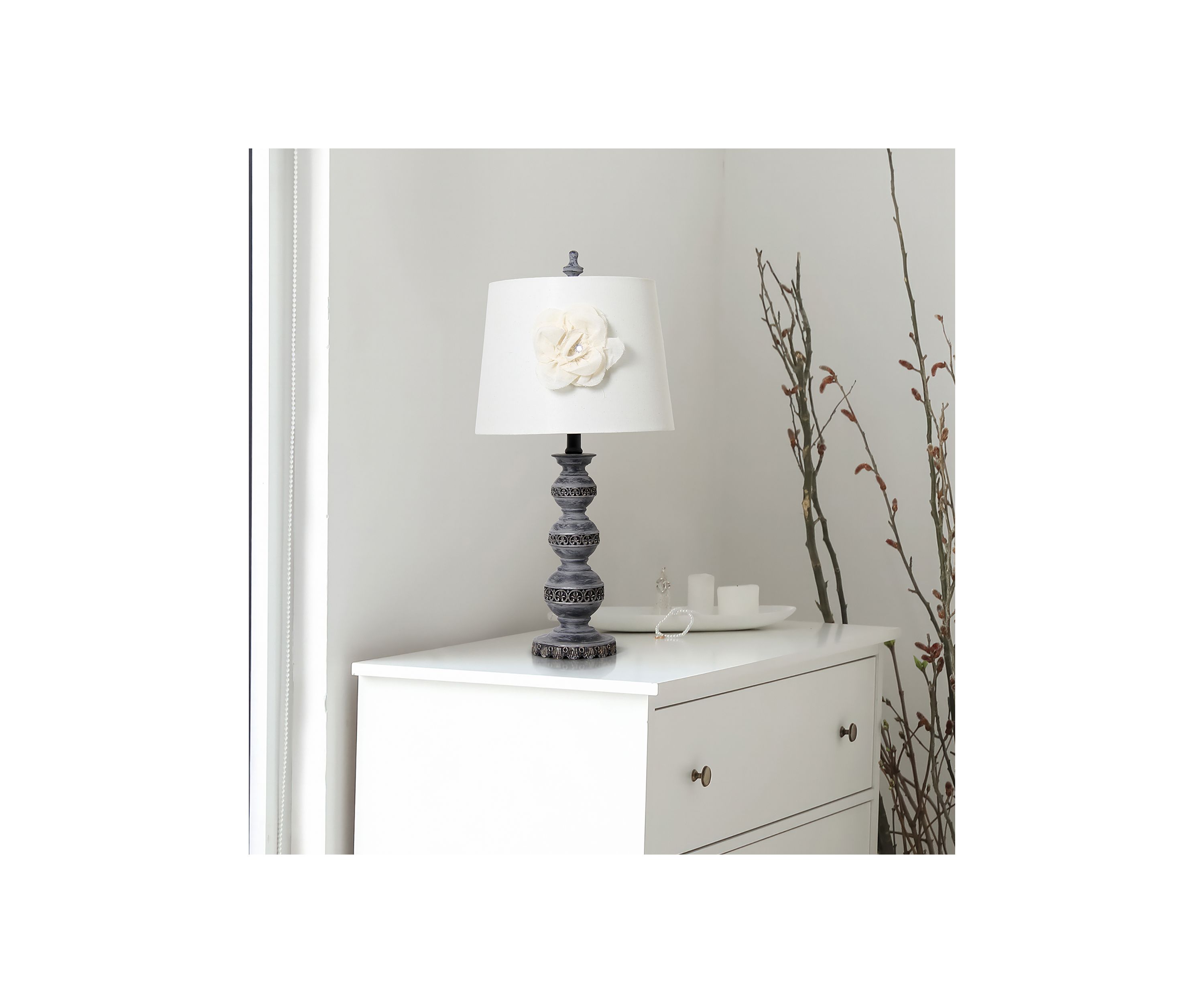 Aged Bronze Stacked Ball Lamp With Linen Flower Shade