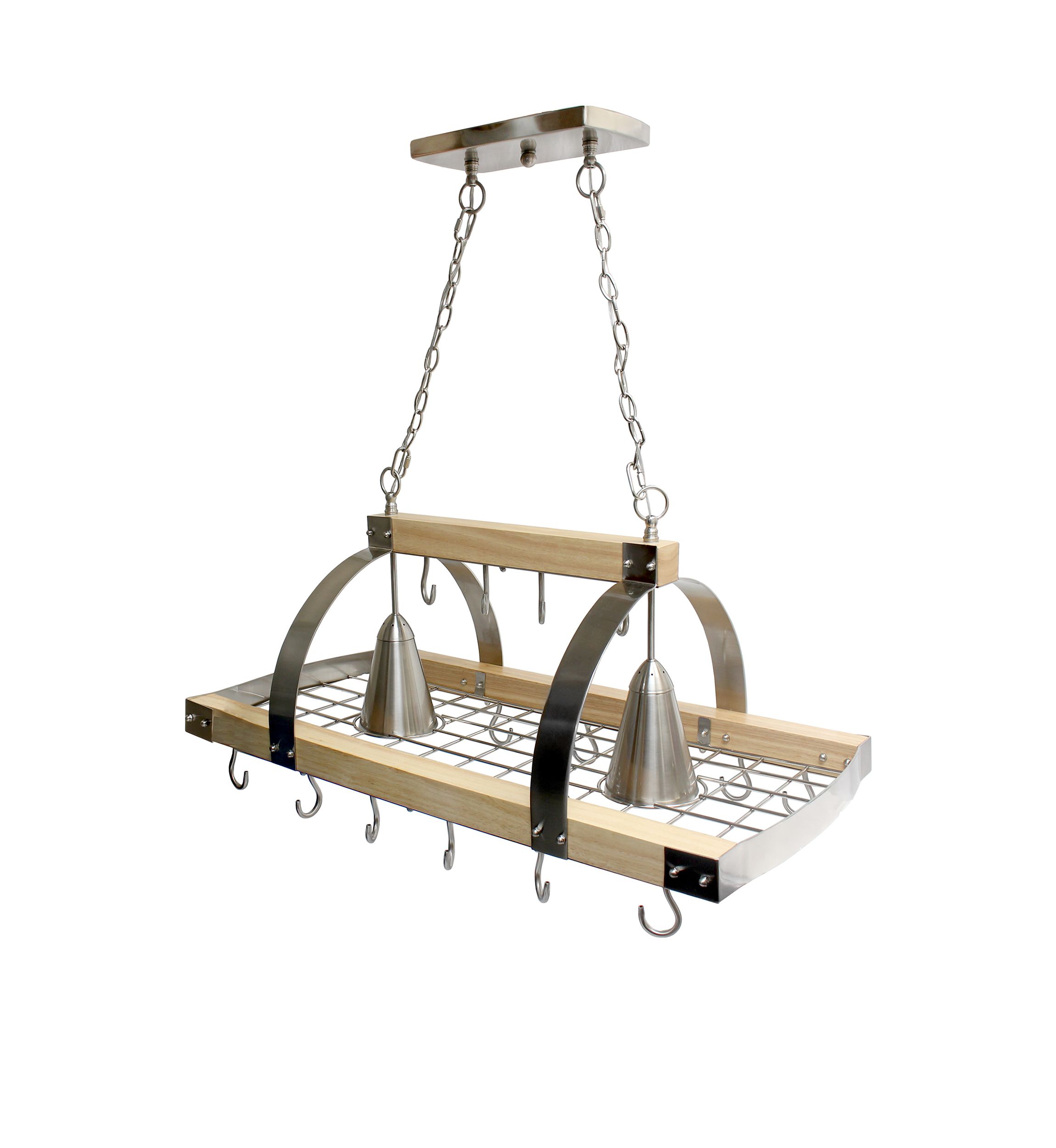 2 Light Kitchen Wood Pot Rack with Downlights