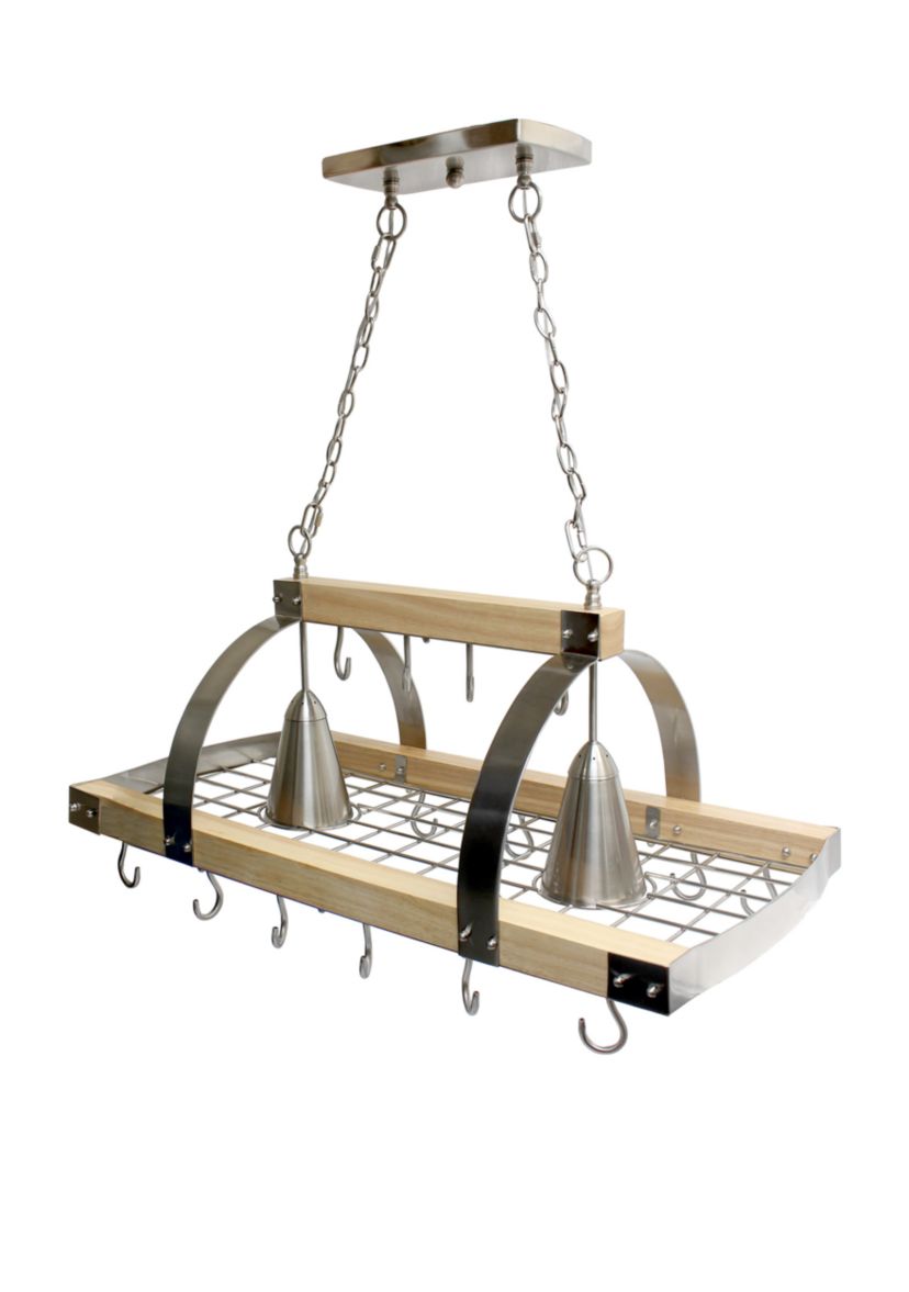 2 Light Kitchen Wood Pot Rack with Downlights