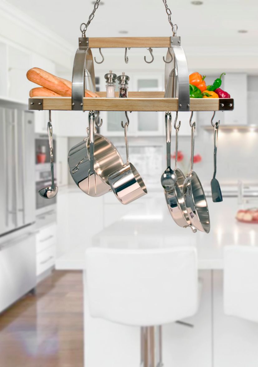 2 Light Kitchen Wood Pot Rack with Downlights