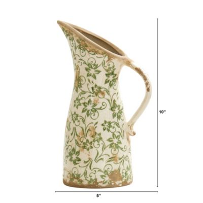 10-Inch Tuscan Ceramic Green Scroll Pitcher Vase