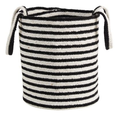 13-Inch Boho Chic Basket Planter Natural Cotton, Handwoven Black and White Stripe with Handles