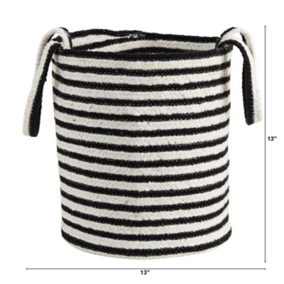 13-Inch Boho Chic Basket Planter Natural Cotton, Handwoven Black and White Stripe with Handles