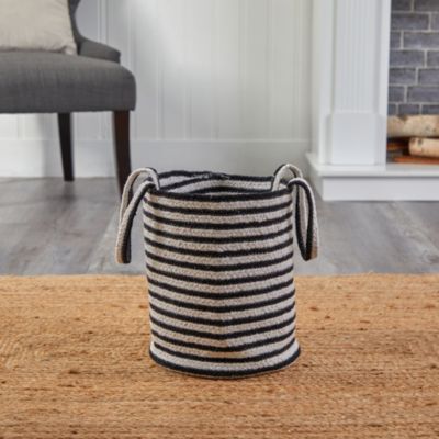 13-Inch Boho Chic Basket Planter Natural Cotton, Handwoven Black and White Stripe with Handles