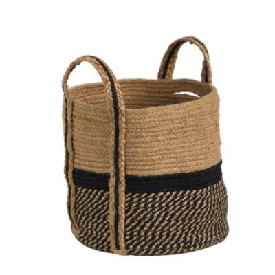 13-Inch Boho Chic Basket Natural Jute Basket Planter, Black Bottom Natural Top with Handles