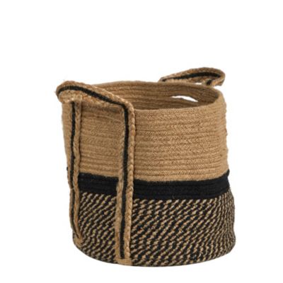 13-Inch Boho Chic Basket Natural Jute Basket Planter, Black Bottom Natural Top with Handles