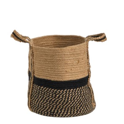 13-Inch Boho Chic Basket Natural Jute Basket Planter, Black Bottom Natural Top with Handles