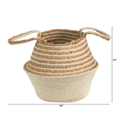 14-Inch Boho Chic Belly Basket Natural Jute and Cotton Basket Planter, Cream Cotton Bottom Natural Top with Handles