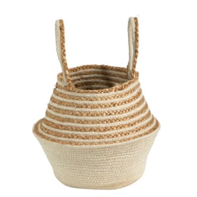 14-Inch Boho Chic Belly Basket Natural Jute and Cotton Basket Planter, Cream Cotton Bottom Natural Top with Handles