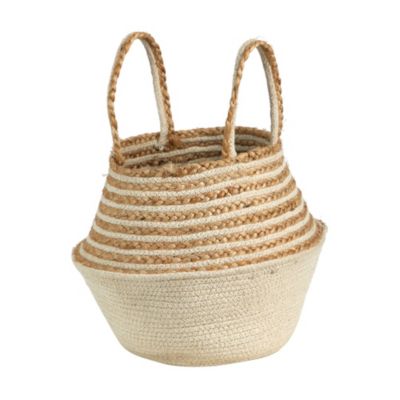 14-Inch Boho Chic Belly Basket Natural Jute and Cotton Basket Planter, Cream Cotton Bottom Natural Top with Handles