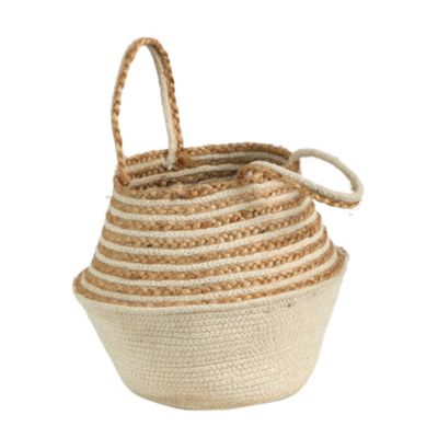 14-Inch Boho Chic Belly Basket Natural Jute and Cotton Basket Planter, Cream Cotton Bottom Natural Top with Handles