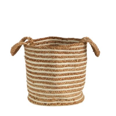 14-Inch Boho Chic Basket Planter Natural Cotton and Jute, Handwoven Stripe with Handles