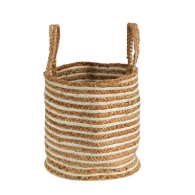 14-Inch Boho Chic Basket Planter Natural Cotton and Jute, Handwoven Stripe with Handles