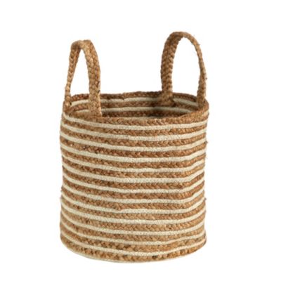 14-Inch Boho Chic Basket Planter Natural Cotton and Jute, Handwoven Stripe with Handles