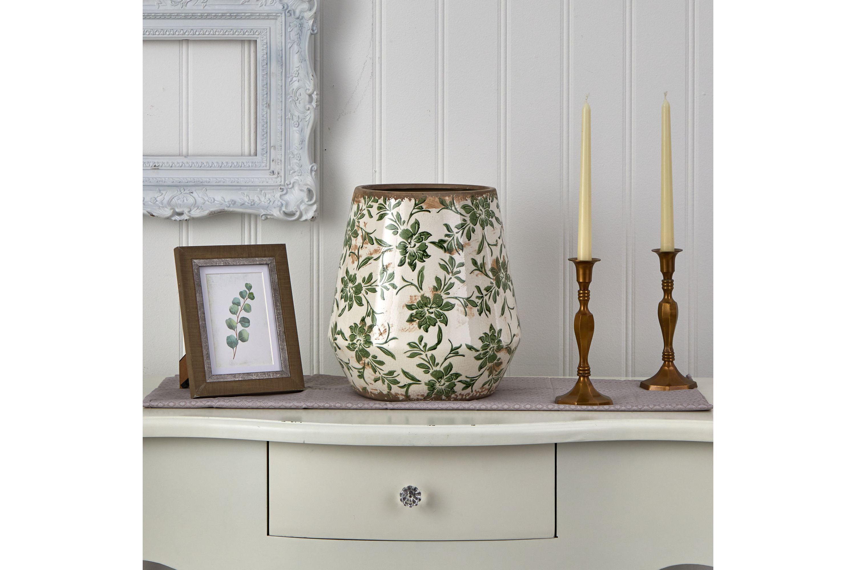 10-Inch Tuscan Ceramic Green Scroll Planter