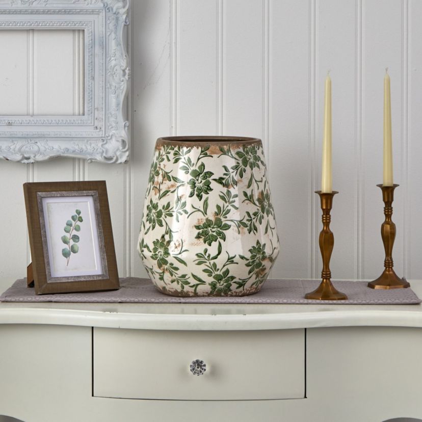 10-Inch Tuscan Ceramic Green Scroll Planter