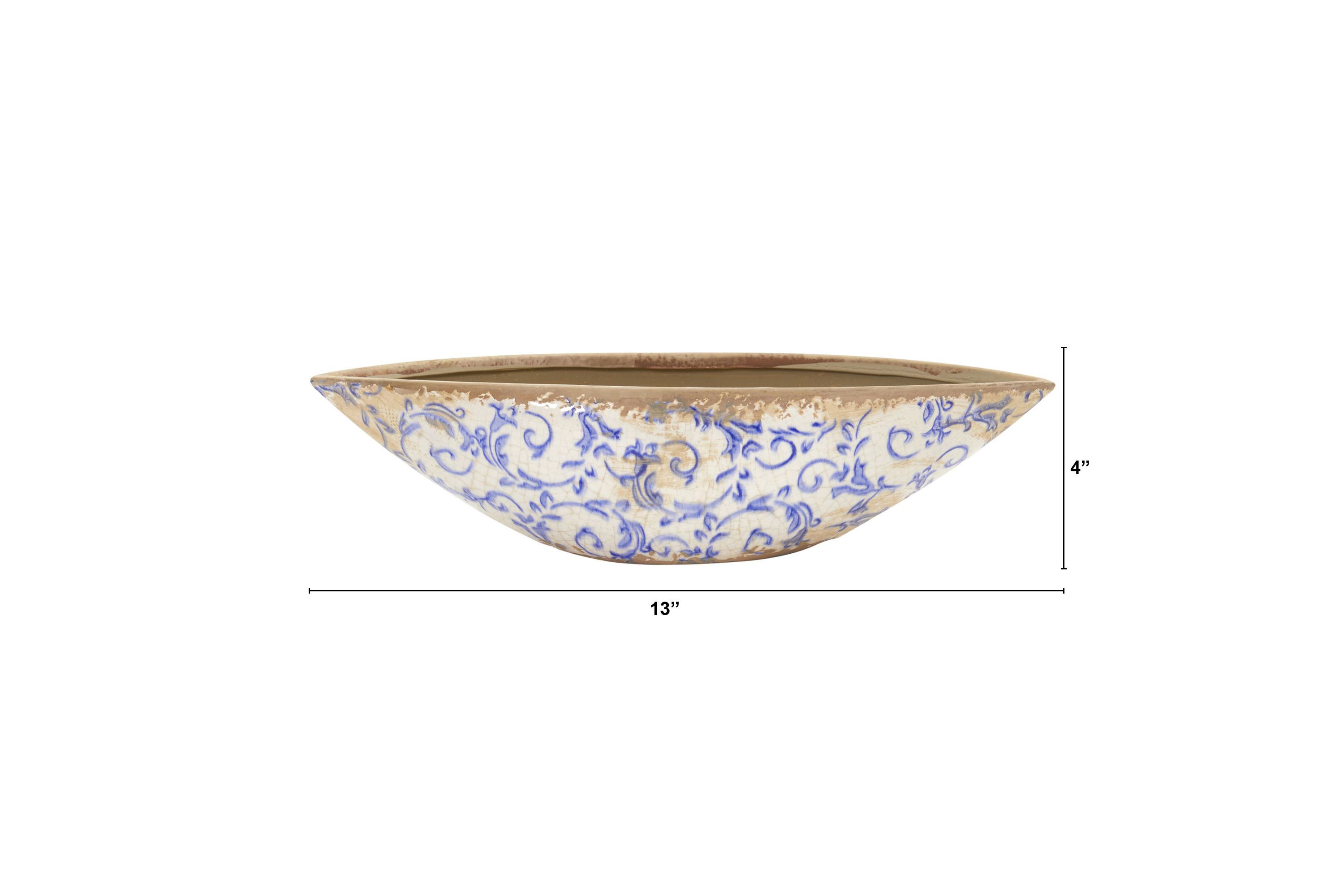 13-Inch Tuscan Ceramic Blue Scroll Decorative Bowl