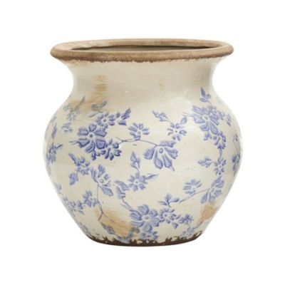 Nearly Natural 7-Inch Tuscan Ceramic Blue Scroll Urn Vase, Green