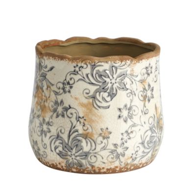 Nearly Natural 7-Inch Tuscan Ceramic Gray Scroll Planter