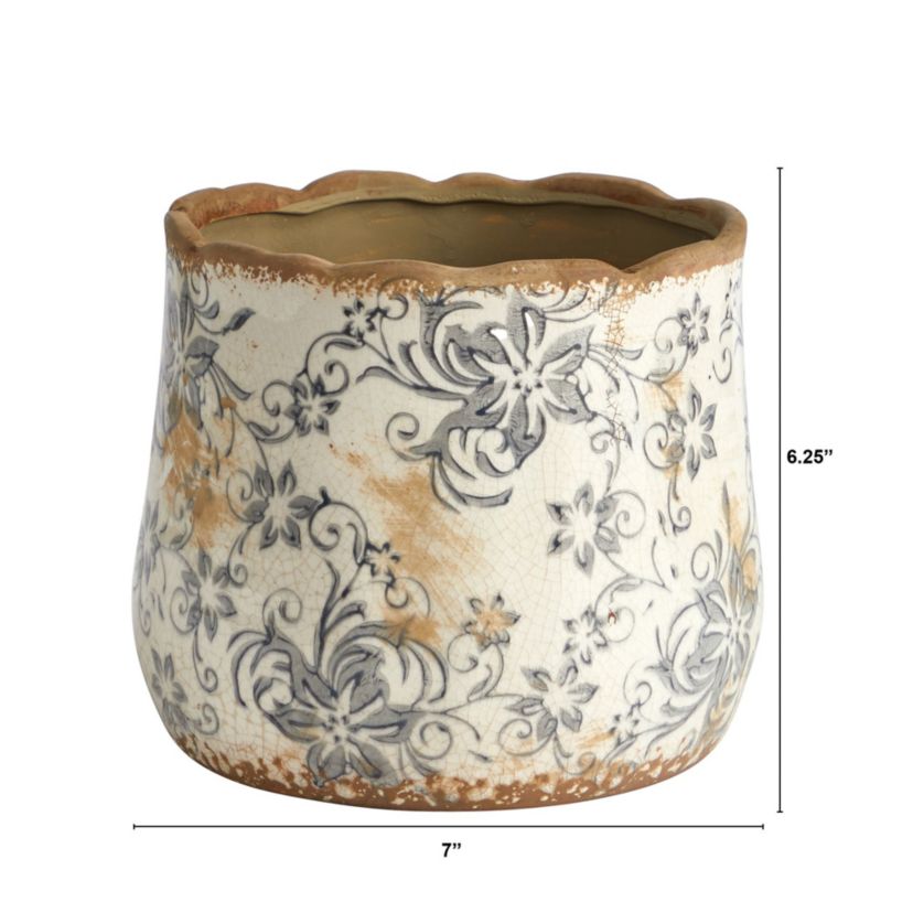 7-Inch Tuscan Ceramic Gray Scroll Planter