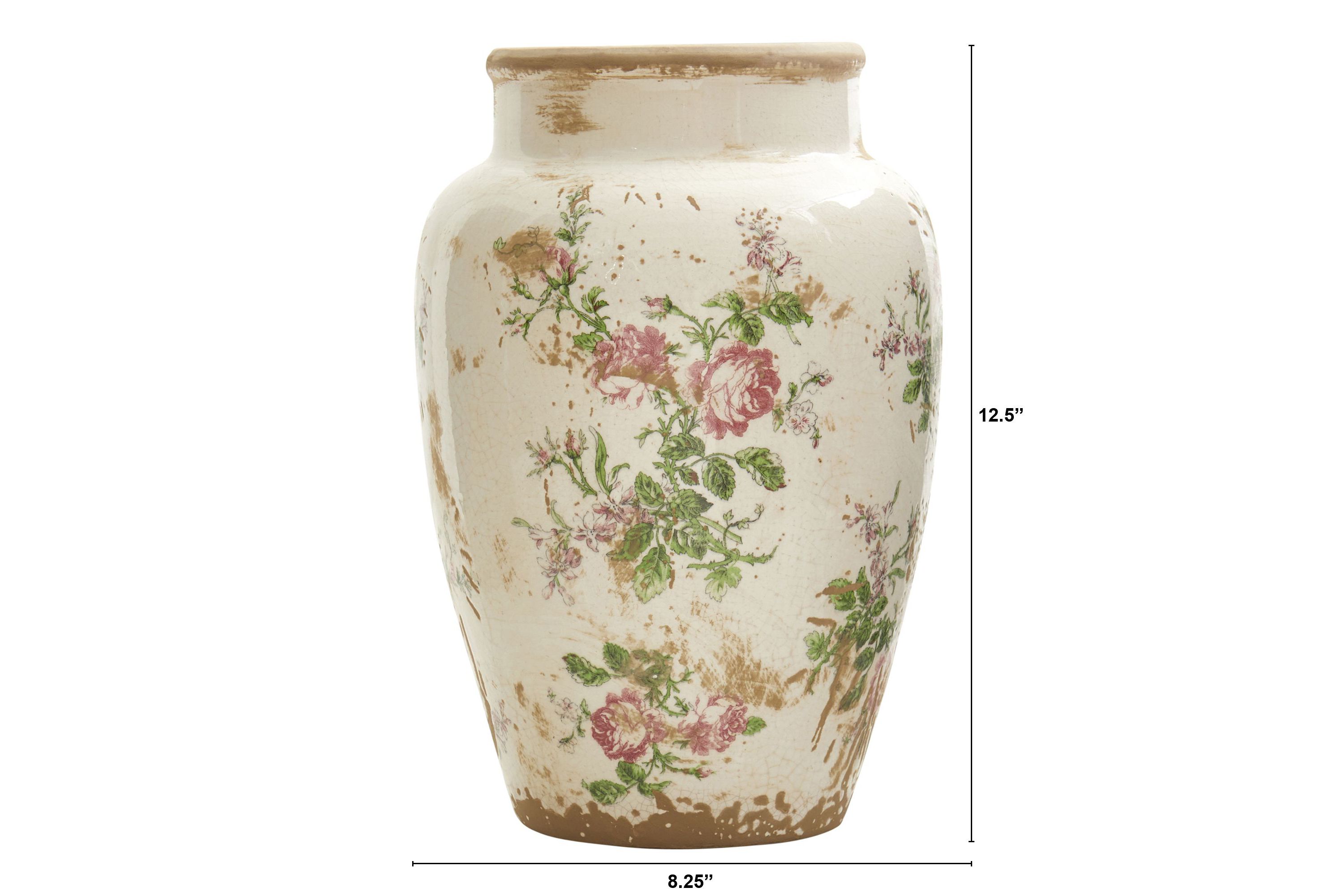 12.5-Inch Tuscan Ceramic Floral Print Vase