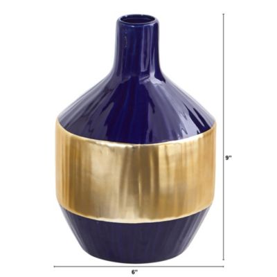 9-Inch Lux Blue Ceramic Vase with Gold Band